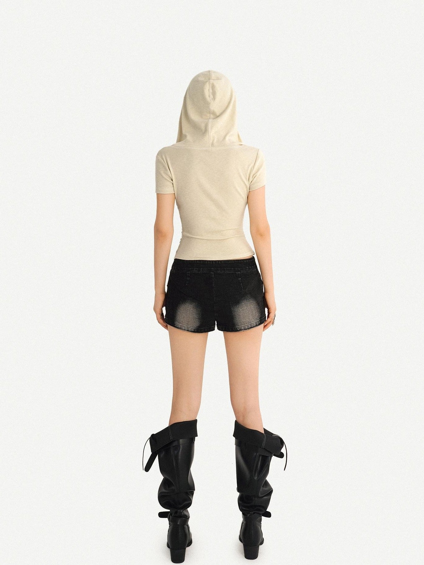 Nico Molly Skull Hooded Faux Two Piece V-neck Cropped Women's Lace Short Sleeve T-shirts