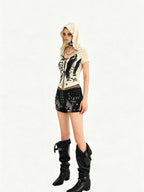 Nico Molly Skull Hooded Faux Two Piece V-neck Cropped Women's Lace Short Sleeve T-shirts