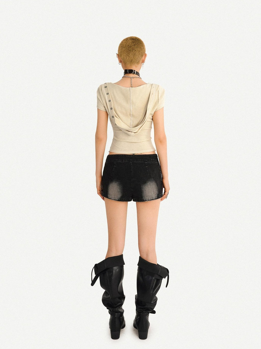 Nico Molly Skull Hooded Faux Two Piece V-neck Cropped Women's Lace Short Sleeve T-shirts