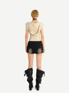 Nico Molly Skull Hooded Faux Two Piece V-neck Cropped Women's Lace Short Sleeve T-shirts
