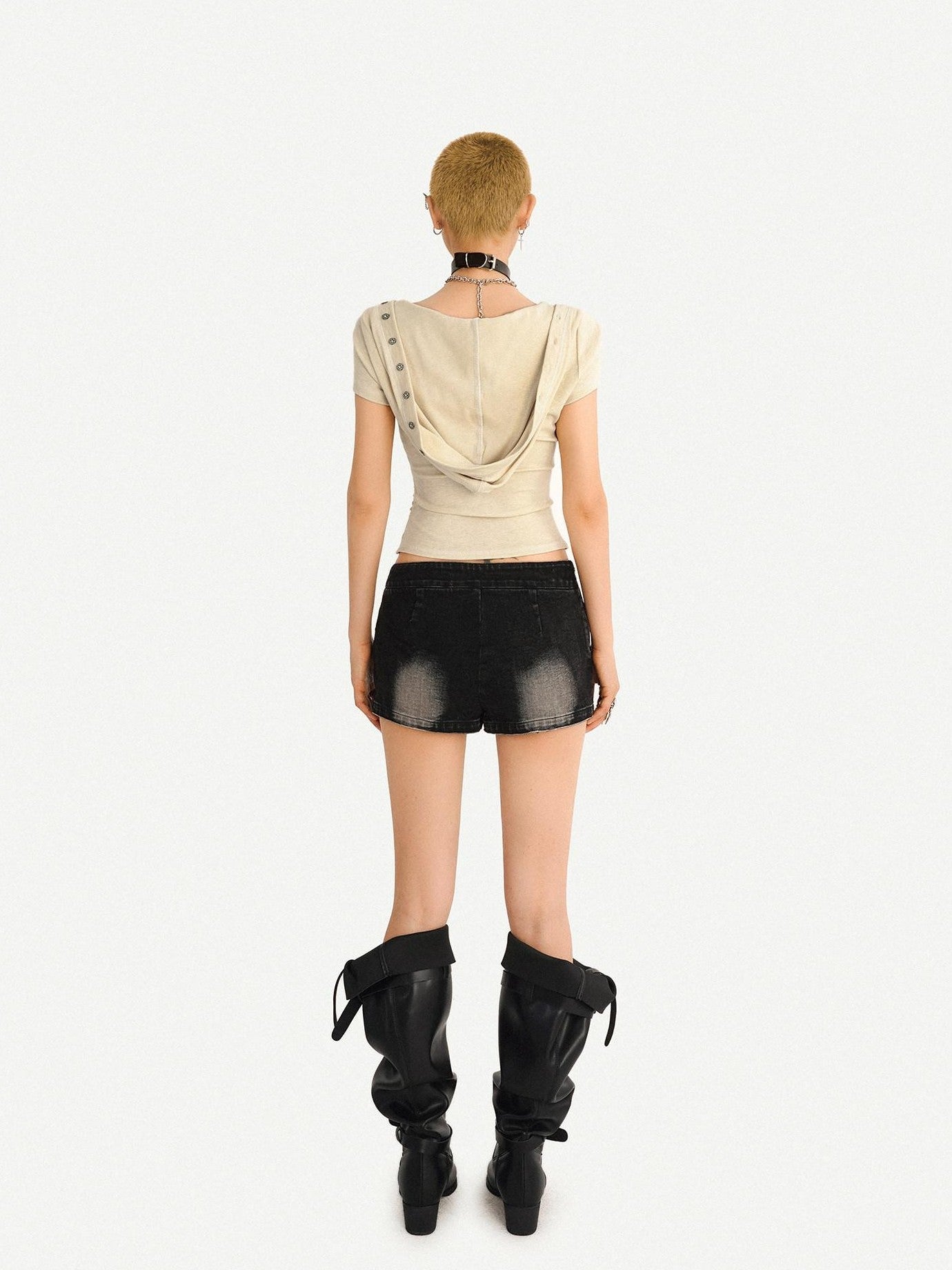 Nico Molly Skull Hooded Faux Two Piece V-neck Cropped Women's Lace Short Sleeve T-shirts