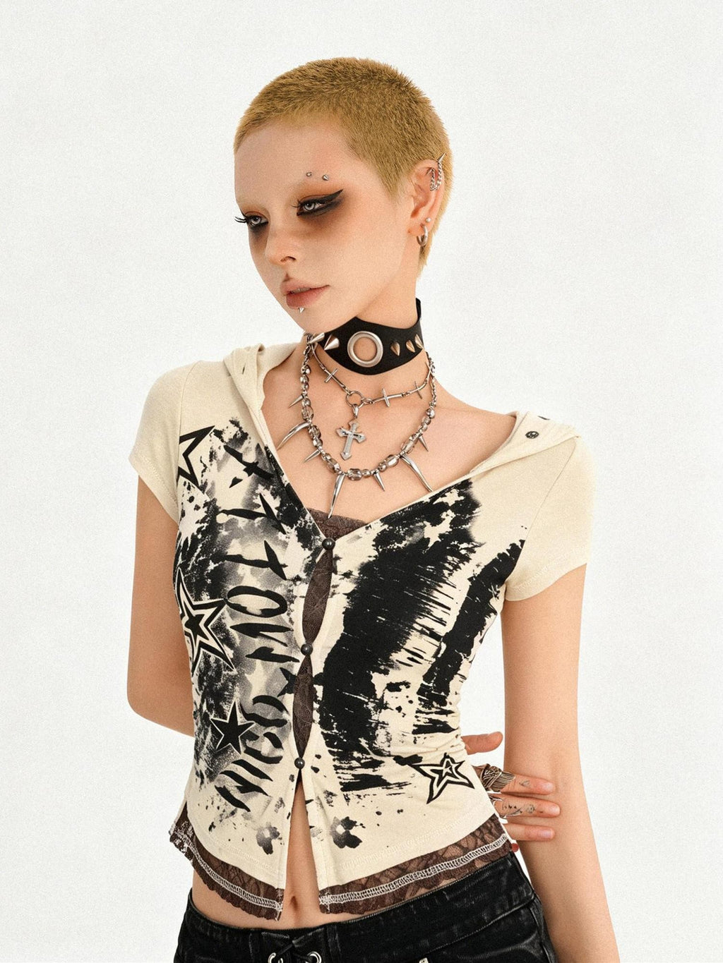 Nico Molly Skull Hooded Faux Two Piece V-neck Cropped Women's Lace Short Sleeve T-shirts