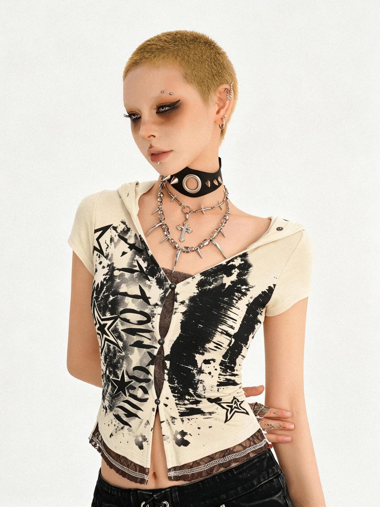 Nico Molly Skull Hooded Faux Two Piece V-neck Cropped Women's Lace Short Sleeve T-shirts