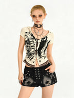 Nico Molly Skull Hooded Faux Two Piece V-neck Cropped Women's Lace Short Sleeve T-shirts