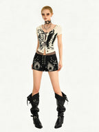 Nico Molly Skull Hooded Faux Two Piece V-neck Cropped Women's Lace Short Sleeve T-shirts