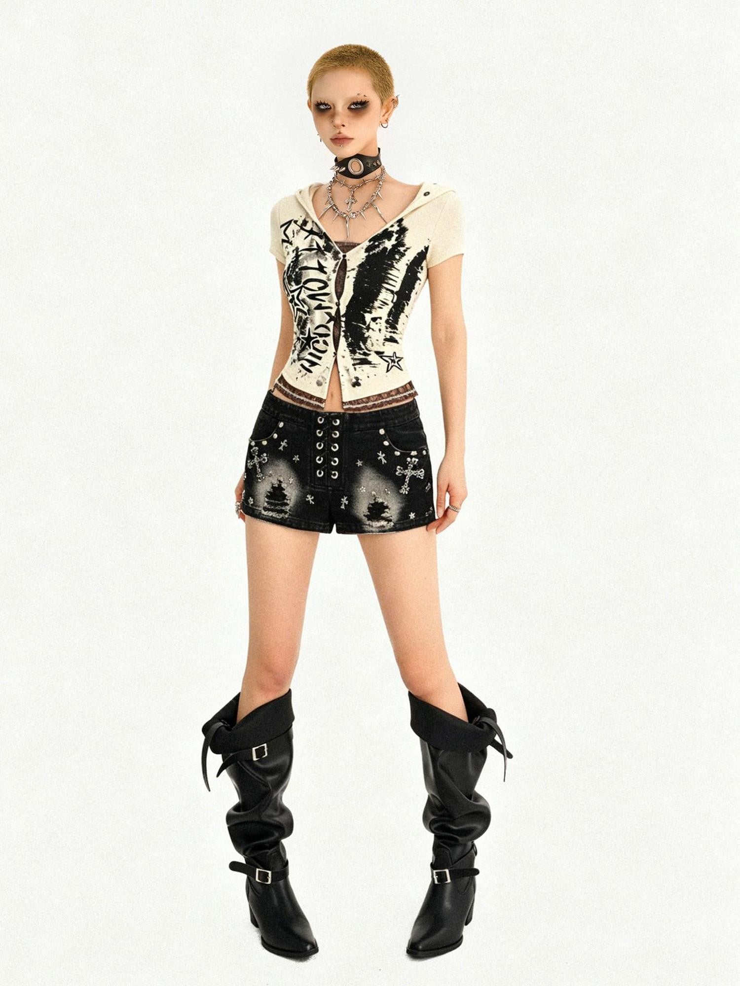 Nico Molly Skull Hooded Faux Two Piece V-neck Cropped Women's Lace Short Sleeve T-shirts