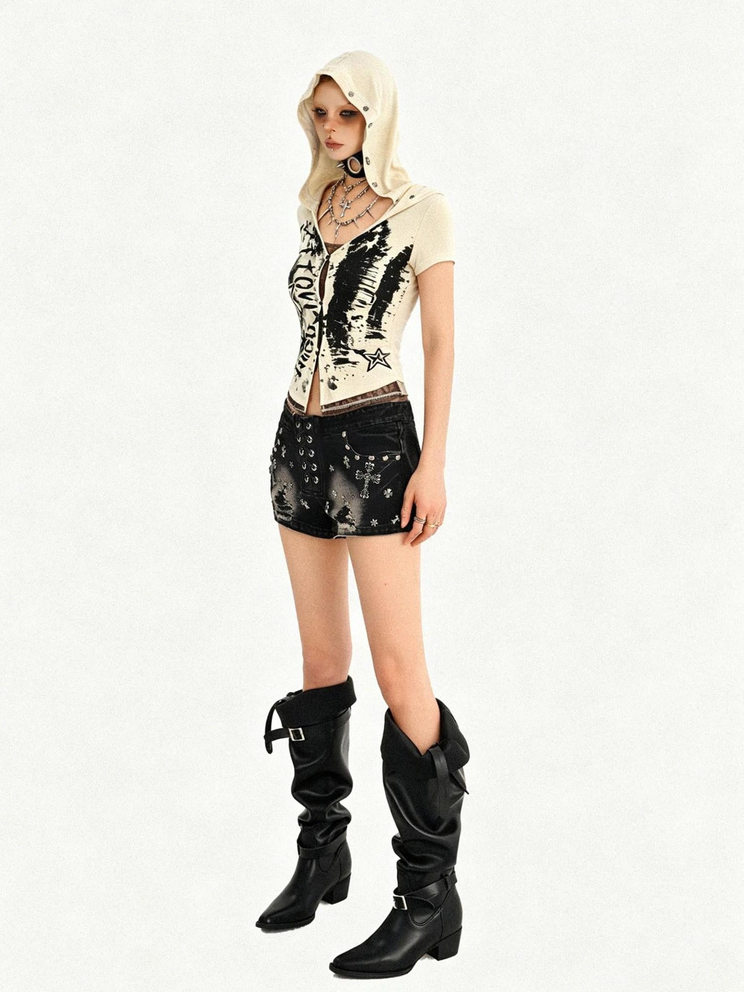 Nico Molly Skull Hooded Faux Two Piece V-neck Cropped Women's Lace Short Sleeve T-shirts