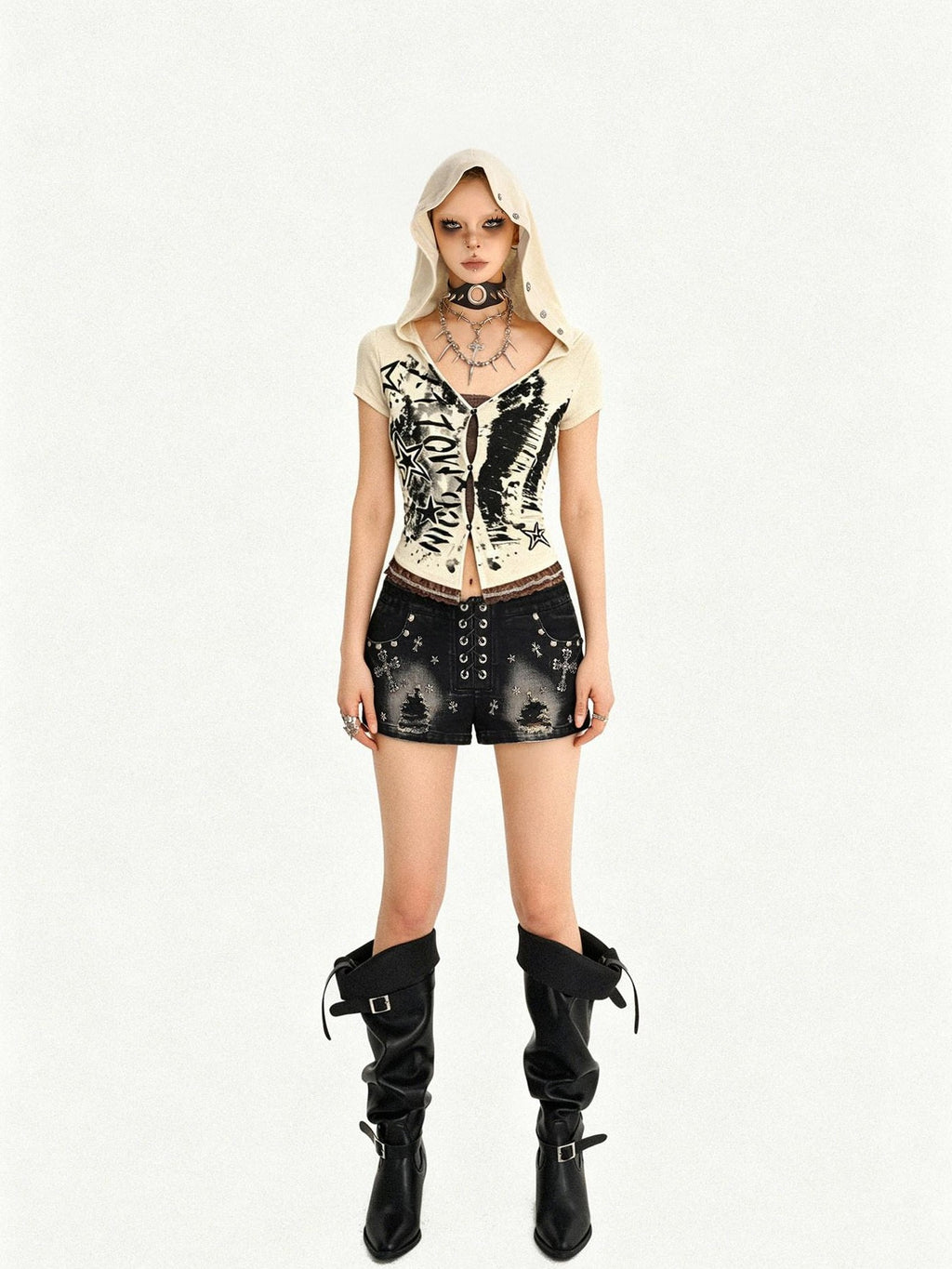 Nico Molly Skull Hooded Faux Two Piece V-neck Cropped Women's Lace Short Sleeve T-shirts