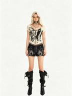 Nico Molly Skull Hooded Faux Two Piece V-neck Cropped Women's Lace Short Sleeve T-shirts