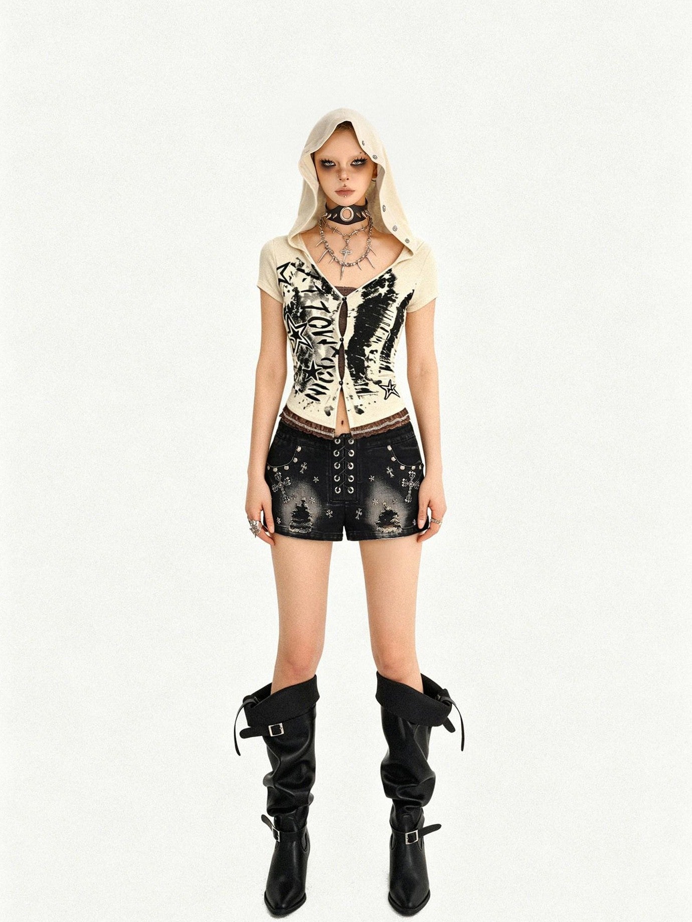 Nico Molly Skull Hooded Faux Two Piece V-neck Cropped Women's Lace Short Sleeve T-shirts