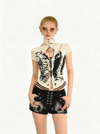 Nico Molly Skull Hooded Faux Two Piece V-neck Cropped Women's Lace Short Sleeve T-shirts