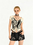 Nico Molly Skull Hooded Faux Two Piece V-neck Cropped Women's Lace Short Sleeve T-shirts