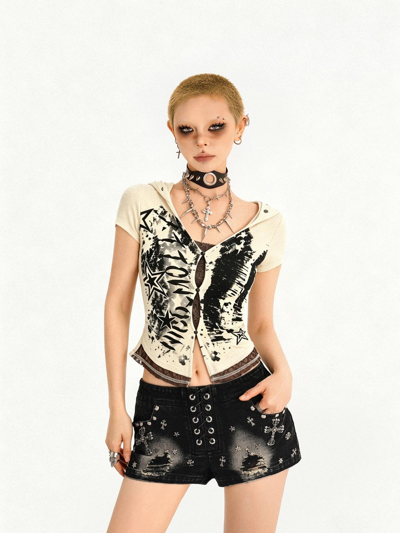 Nico Molly Skull Hooded Faux Two Piece V-neck Cropped Women's Lace Short Sleeve T-shirts