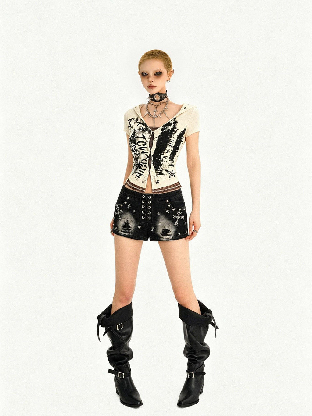 Nico Molly Skull Hooded Faux Two Piece V-neck Cropped Women's Lace Short Sleeve T-shirts