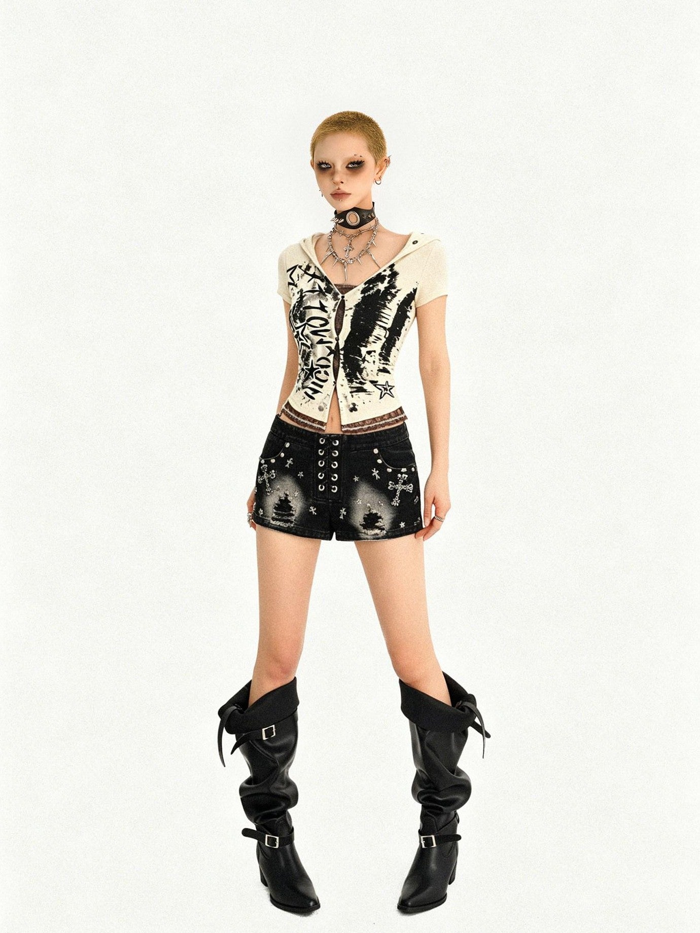 Nico Molly Skull Hooded Faux Two Piece V-neck Cropped Women's Lace Short Sleeve T-shirts