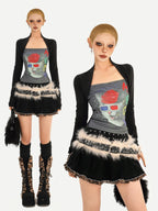 Nico Molly Skull Print Faux Two Piece Bustier Women's Cotton Long Sleeve T-shirts