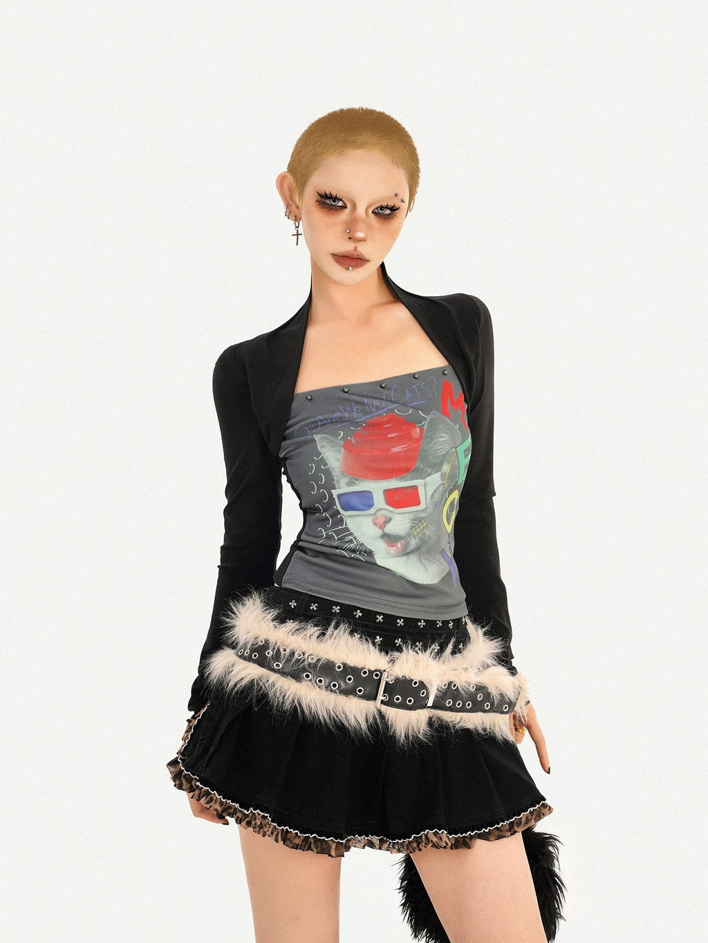 Nico Molly Skull Print Faux Two Piece Bustier Women's Cotton Long Sleeve T-shirts