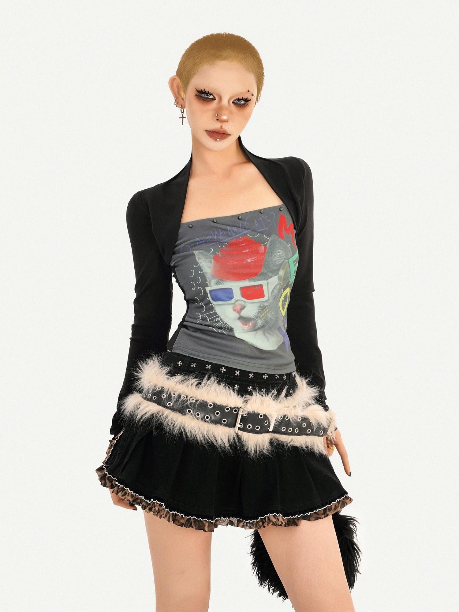 Nico Molly Skull Print Faux Two Piece Bustier Women's Cotton Long Sleeve T-shirts