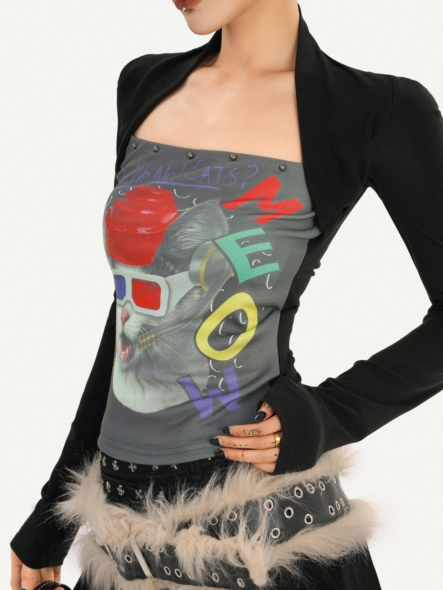 Nico Molly Skull Print Faux Two Piece Bustier Women's Cotton Long Sleeve T-shirts