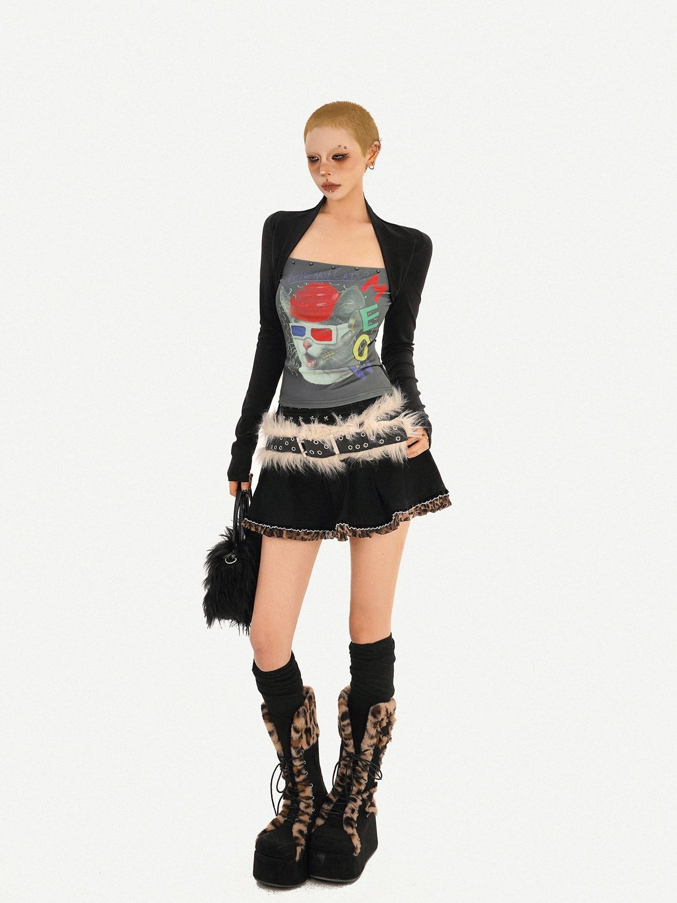 Nico Molly Skull Print Faux Two Piece Bustier Women's Cotton Long Sleeve T-shirts