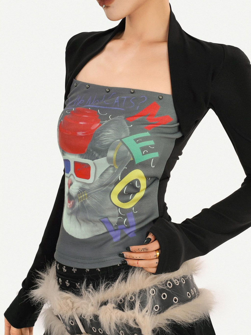 Nico Molly Skull Print Faux Two Piece Bustier Women's Cotton Long Sleeve T-shirts