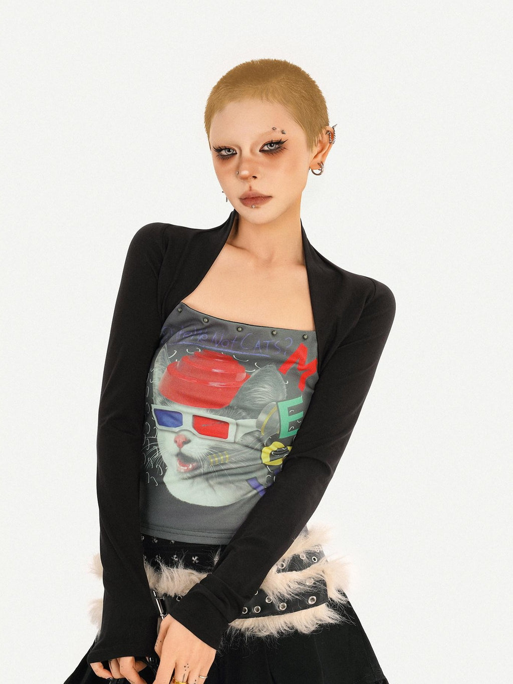Nico Molly Skull Print Faux Two Piece Bustier Women's Cotton Long Sleeve T-shirts