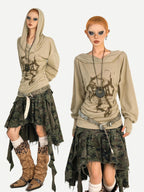 Nico Molly Skull Print Hooded Vintage Women's Poly Blend Long Sleeve T-shirts