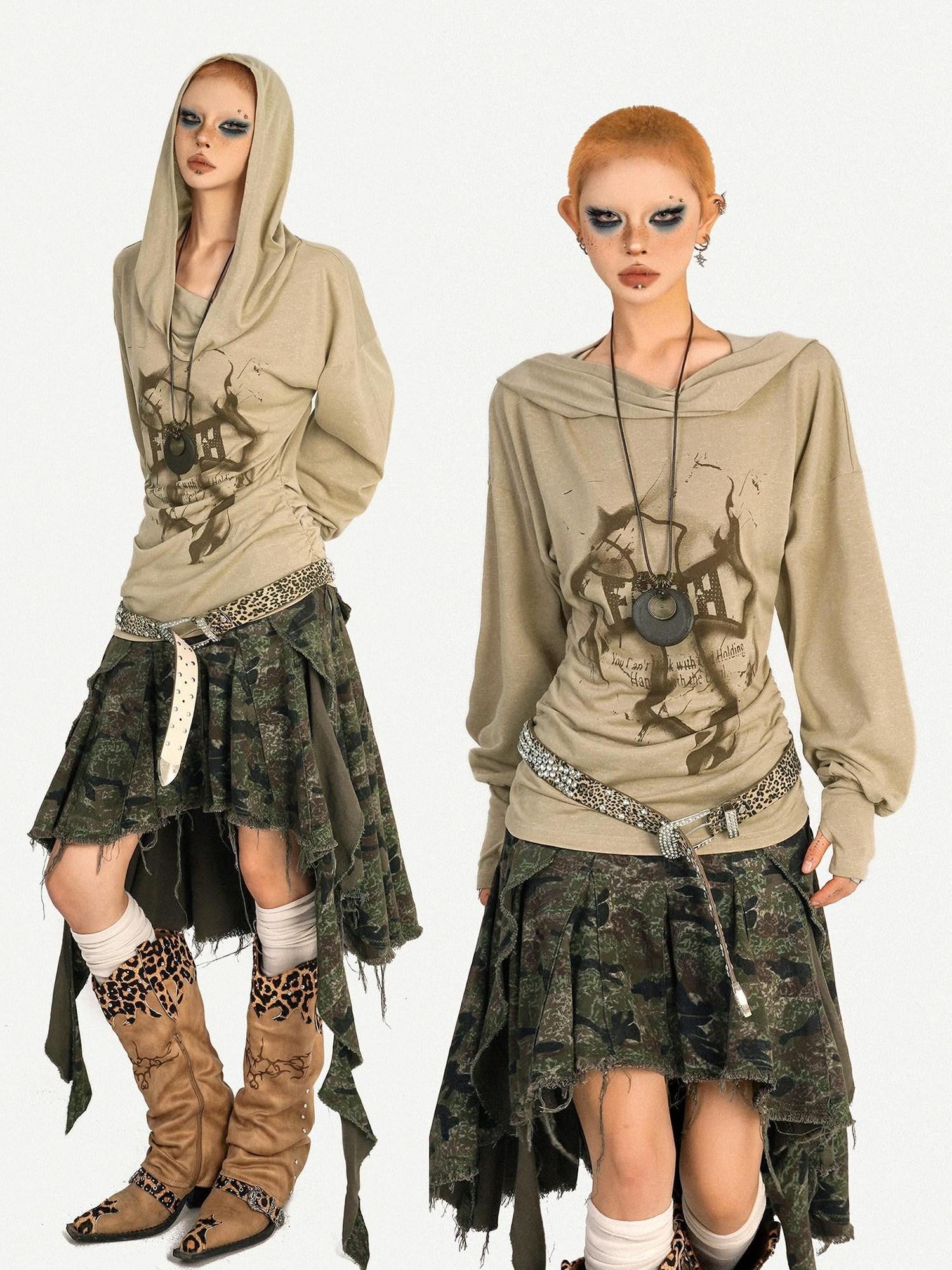 Nico Molly Skull Print Hooded Vintage Women's Poly Blend Long Sleeve T-shirts