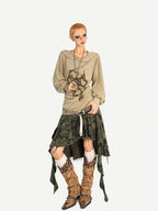 Nico Molly Skull Print Hooded Vintage Women's Poly Blend Long Sleeve T-shirts