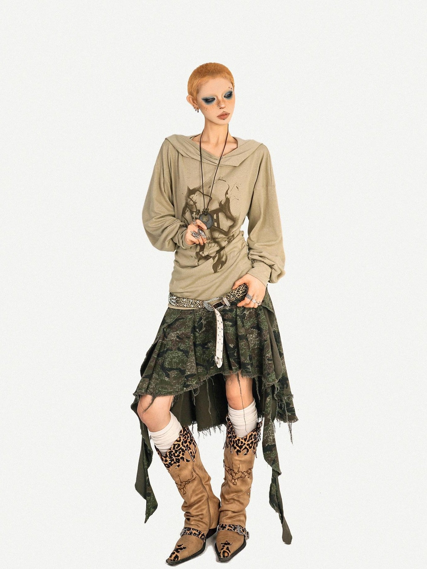 Nico Molly Skull Print Hooded Vintage Women's Poly Blend Long Sleeve T-shirts
