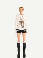 Nico Molly Skull Print Hooded Vintage Women's Poly Blend Long Sleeve T-shirts