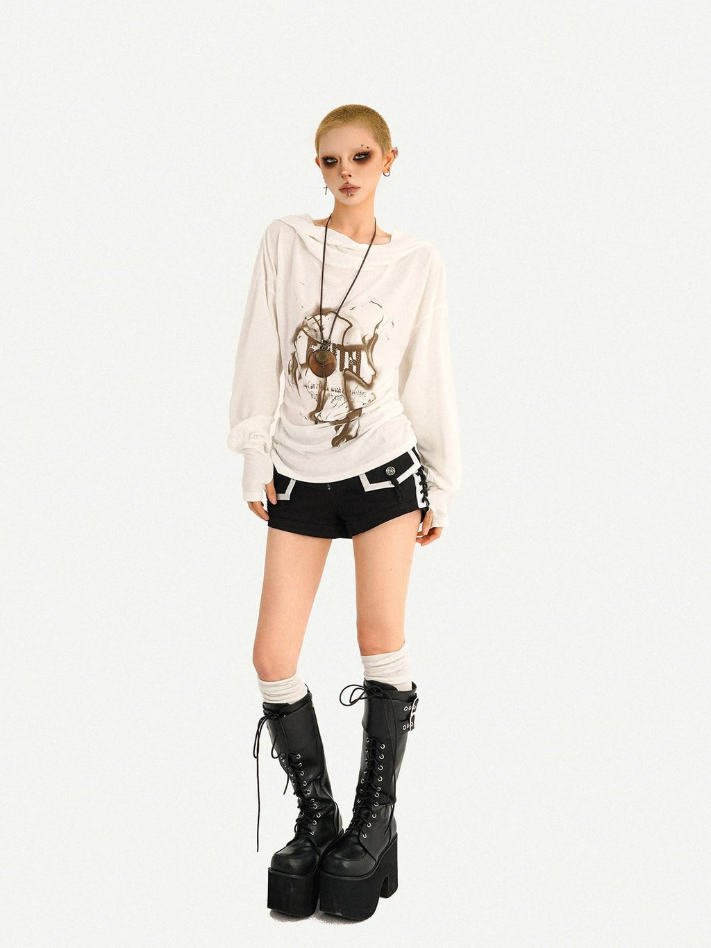 Nico Molly Skull Print Hooded Vintage Women's Poly Blend Long Sleeve T-shirts