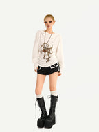 Nico Molly Skull Print Hooded Vintage Women's Poly Blend Long Sleeve T-shirts