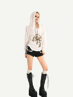 Nico Molly Skull Print Hooded Vintage Women's Poly Blend Long Sleeve T-shirts