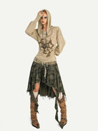 Nico Molly Skull Print Hooded Vintage Women's Poly Blend Long Sleeve T-shirts