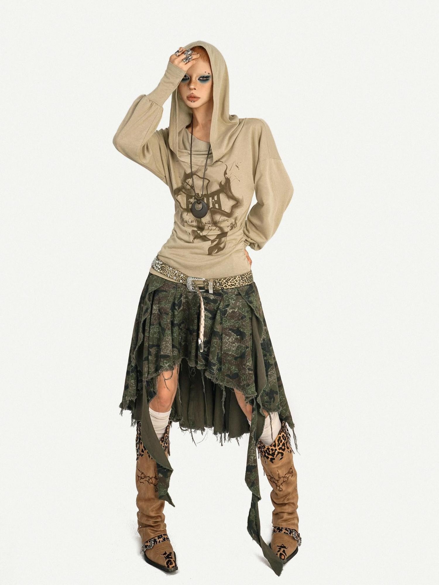 Nico Molly Skull Print Hooded Vintage Women's Poly Blend Long Sleeve T-shirts