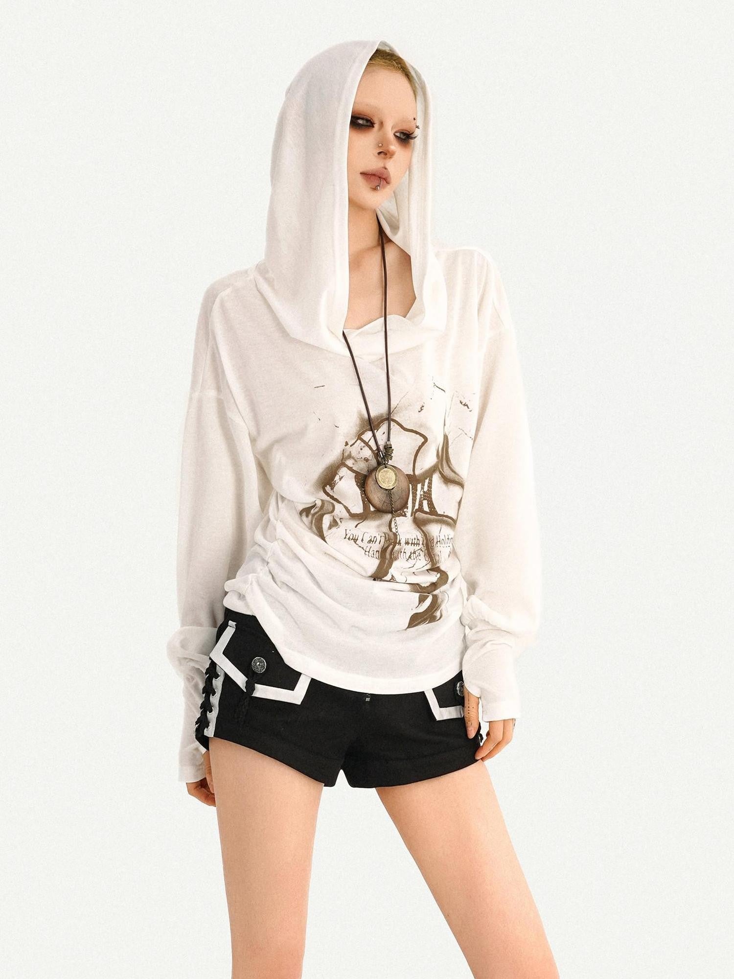 Nico Molly Skull Print Hooded Vintage Women's Poly Blend Long Sleeve T-shirts