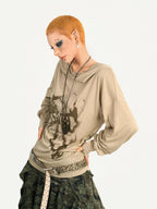 Nico Molly Skull Print Hooded Vintage Women's Poly Blend Long Sleeve T-shirts