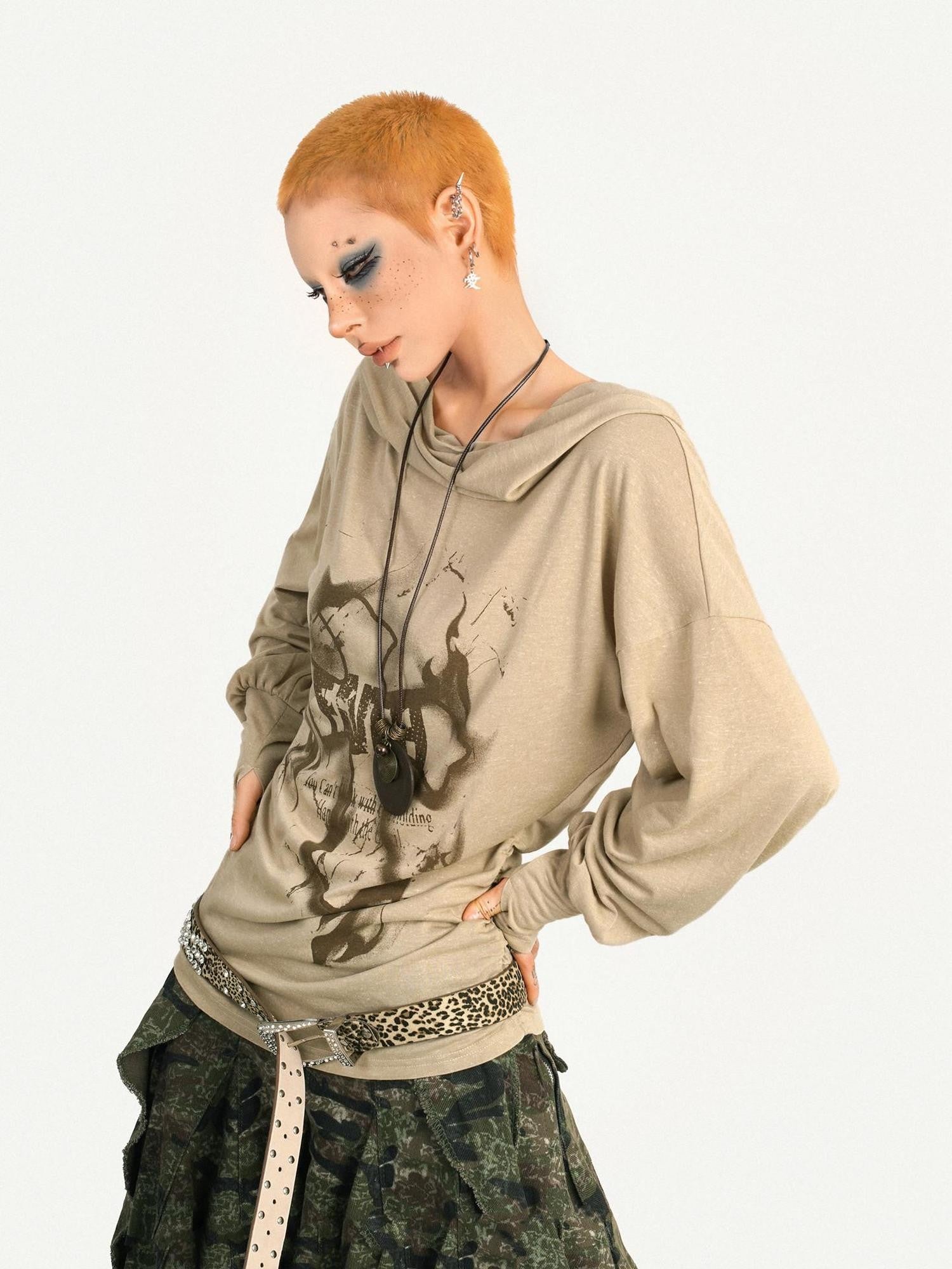 Nico Molly Skull Print Hooded Vintage Women's Poly Blend Long Sleeve T-shirts