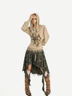 Nico Molly Skull Print Hooded Vintage Women's Poly Blend Long Sleeve T-shirts