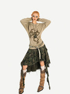 Nico Molly Skull Print Hooded Vintage Women's Poly Blend Long Sleeve T-shirts