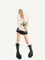 Nico Molly Skull Print Hooded Vintage Women's Poly Blend Long Sleeve T-shirts