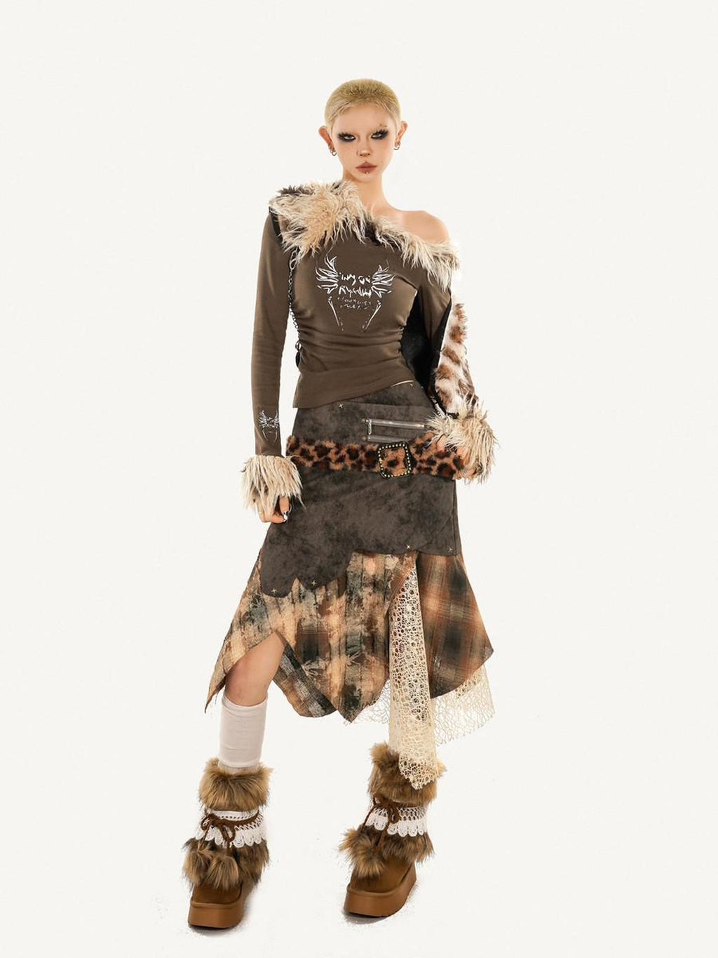 Nico Molly Slant Collar Off Shoulder Animal Print Women's Polycotton Long Sleeve T-shirts