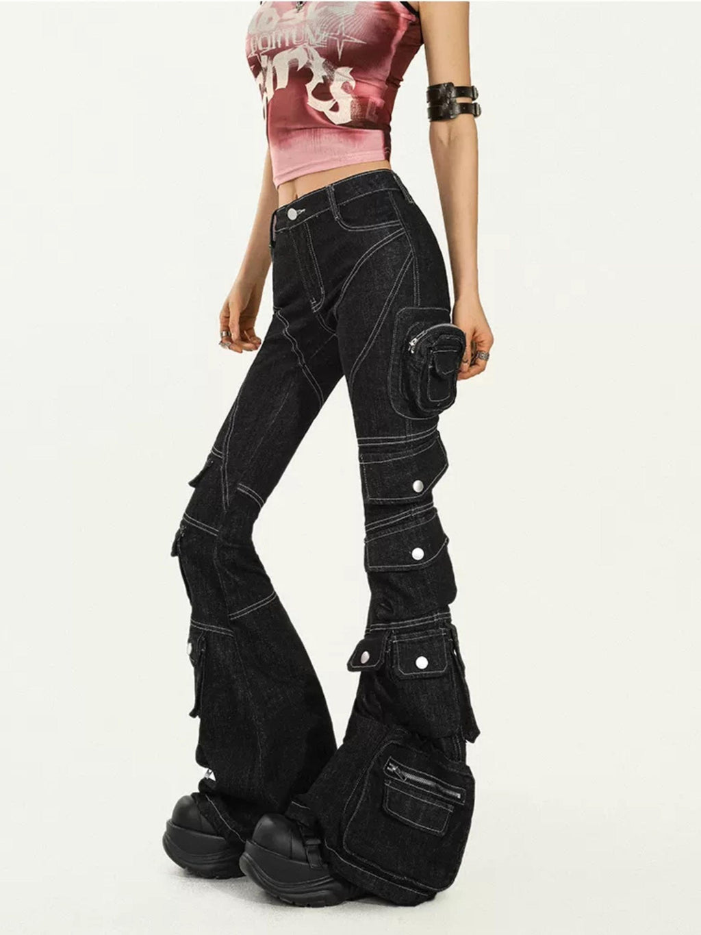 Nico Molly Slimming Micro Flare Multi Pocket Cargo Zip Fly Women's Denim Wide-leg Pants