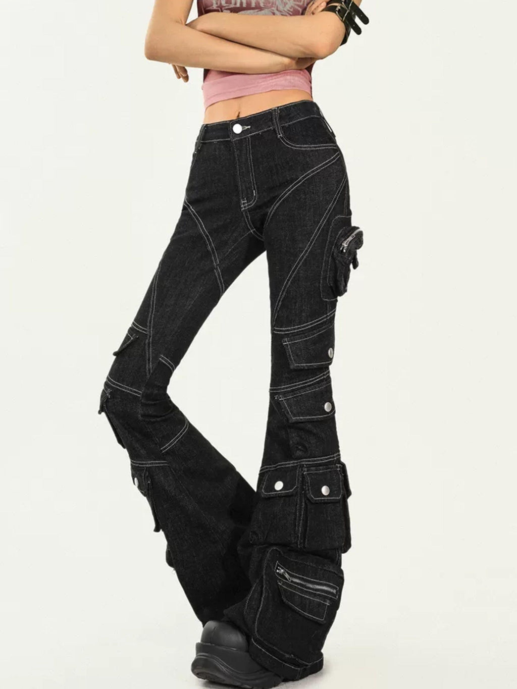 Nico Molly Slimming Micro Flare Multi Pocket Cargo Zip Fly Women's Denim Wide-leg Pants