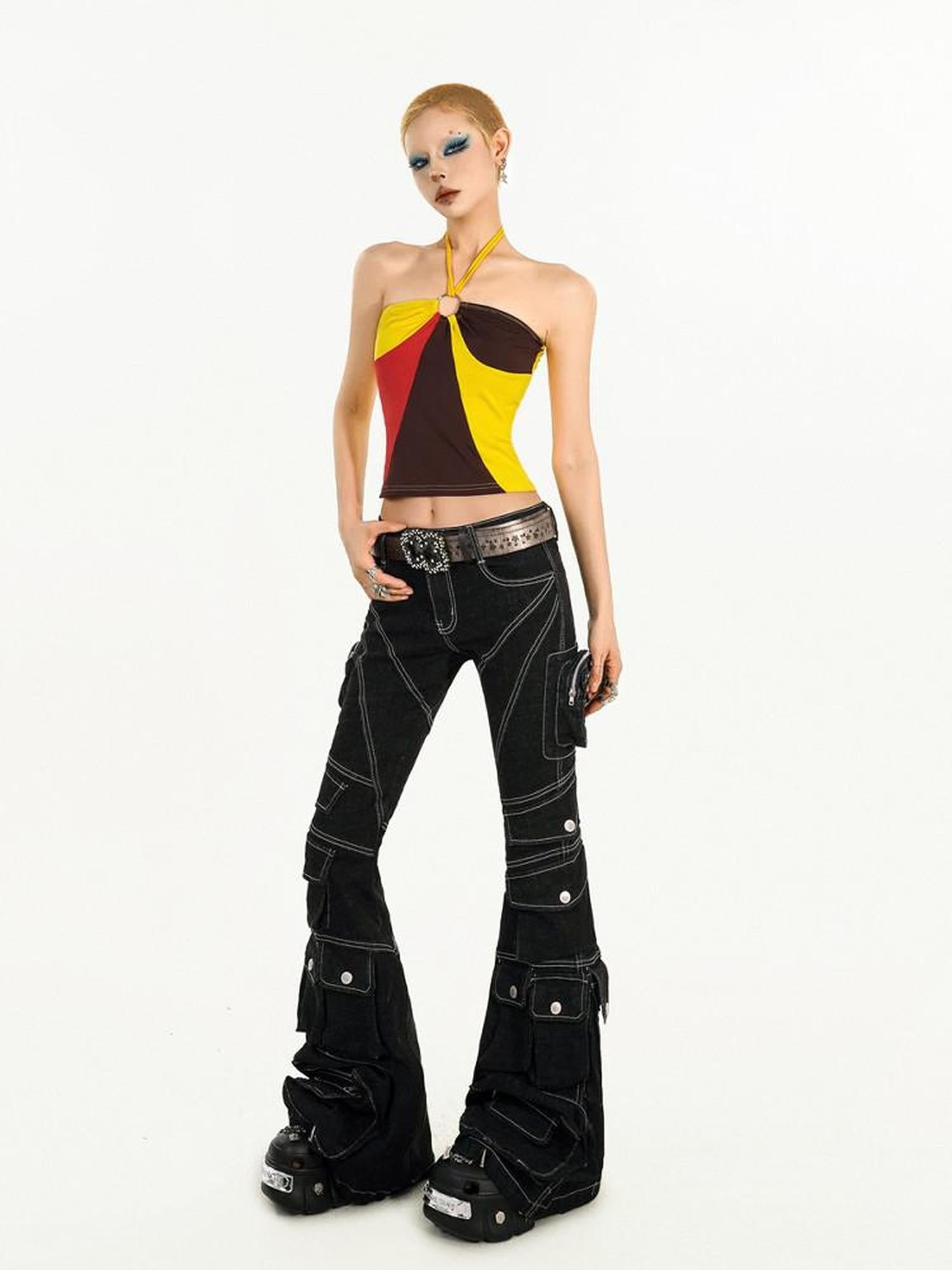 Nico Molly Slimming Micro Flare Multi Pocket Cargo Zip Fly Women's Denim Wide-leg Pants