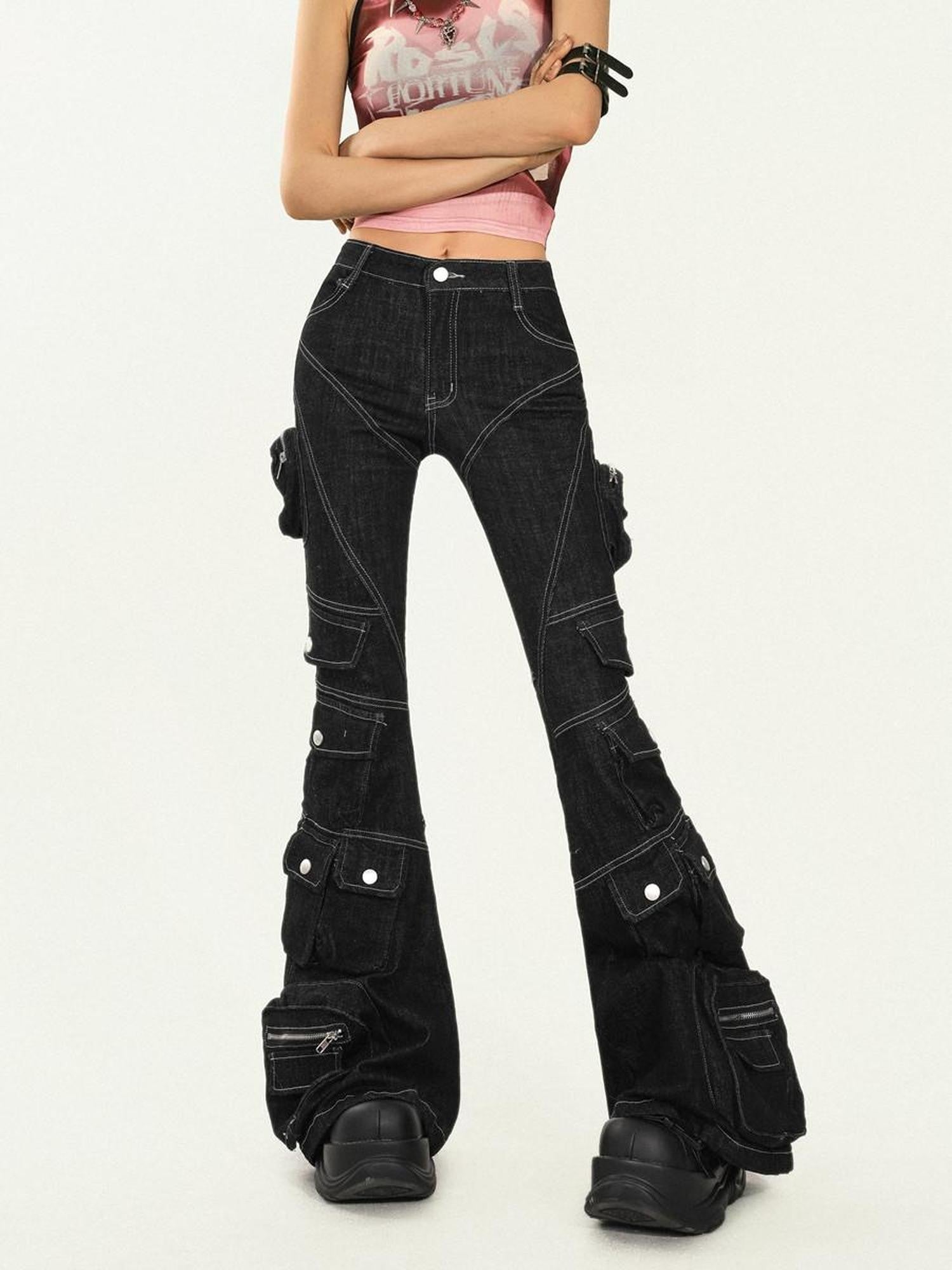 Nico Molly Slimming Micro Flare Multi Pocket Cargo Zip Fly Women's Denim Wide-leg Pants