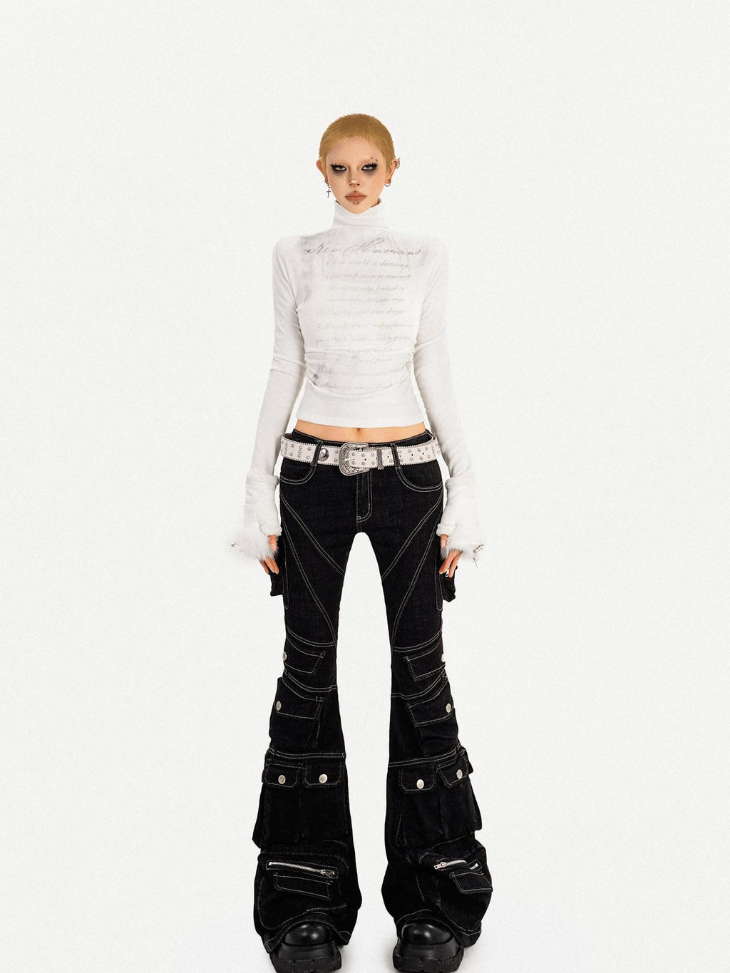 Nico Molly Slimming Micro Flare Multi Pocket Cargo Zip Fly Women's Denim Wide-leg Pants