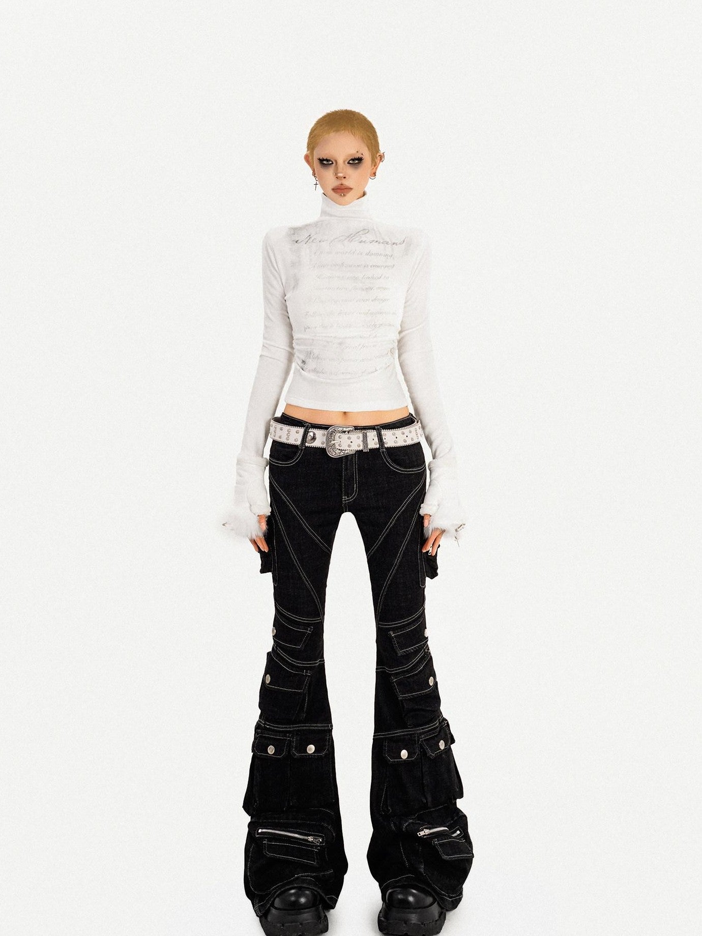 Nico Molly Slimming Micro Flare Multi Pocket Cargo Zip Fly Women's Denim Wide-leg Pants