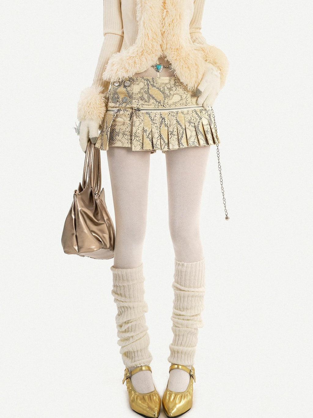 Nico Molly Snake Print Pleated Low Waist Side Zip Women's Leather Mini Skirts
